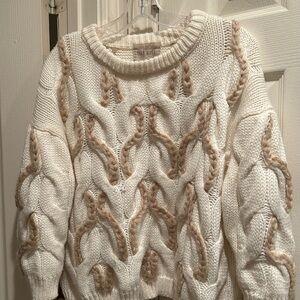 Moon River Ivory Cable Knit Crewneck with Beige Braid Detail